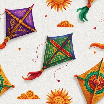 Makar Sankranti Seamless Watercolor Kite Pattern
