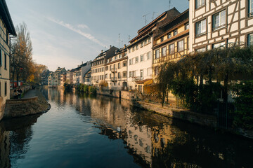 Strasbourg, France - September 5, 2025 Old town water canal of Strasbourg, Alsace, France. Traditional half timbered houses of Petite France