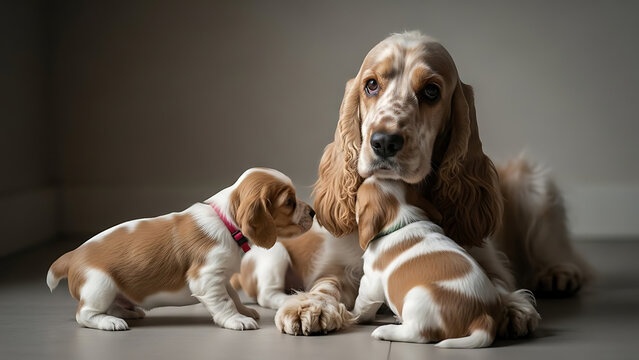 Different Dog breeds with puppies English Cocker Spaniel