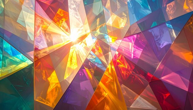 Vibrant geometric prisms refracting sunlight in abstract colorful composition - Powered by Adobe