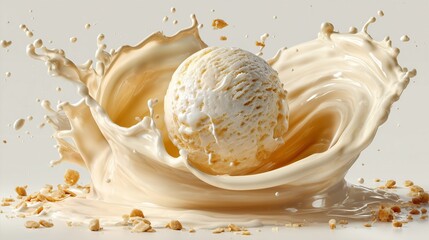 A dynamic and enticing high-speed photograph of a perfectly scooped ball of vanilla ice cream, captured mid-splash in a rich, creamy vanilla-colored liquid. 