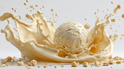 A dynamic and enticing high-speed photograph of a perfectly scooped ball of vanilla ice cream, captured mid-splash in a rich, creamy vanilla-colored liquid. 