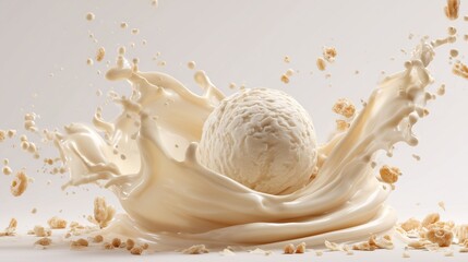 A dynamic and enticing high-speed photograph of a perfectly scooped ball of vanilla ice cream, captured mid-splash in a rich, creamy vanilla-colored liquid. 
