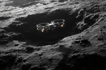 tiny drone scouting over cratered asteroid surface