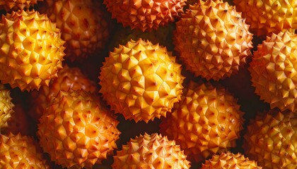 Fresh whole durians displayed in vibrant market with golden spiky shells