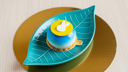 Beautiful blue dessert on a leaf shaped plate