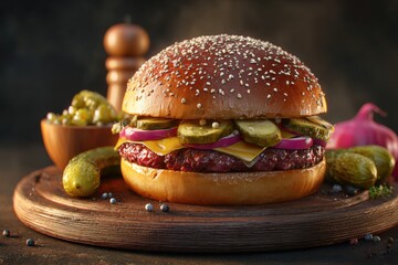Delicious hamburger with sesame bun, juicy beef patty, fresh pickles, and flavorful sides served on a rustic wooden board