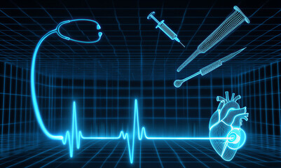 Blue medical tools and heart with ECG on grid background transparent background