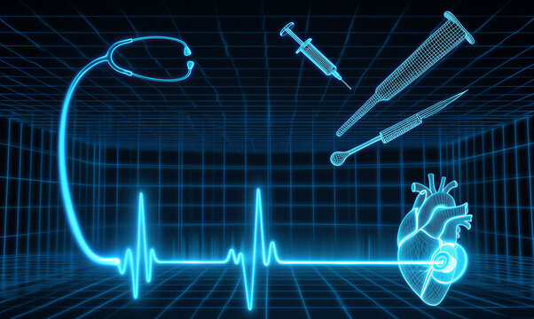 Blue medical tools and heart with ECG on grid background transparent background - Powered by Adobe