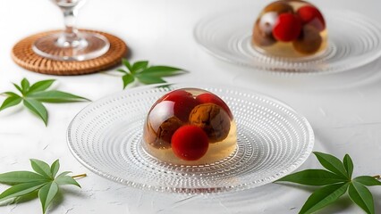 Delicious chocolate mousse dessert with fresh berries on glass plate