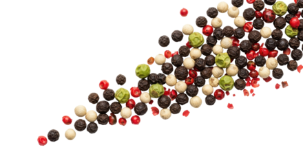 Abundant mixed black, white, green, and crushed pink peppercorns, macro flat lay diagonal composition on transparent with copy space, concept of culinary diversity