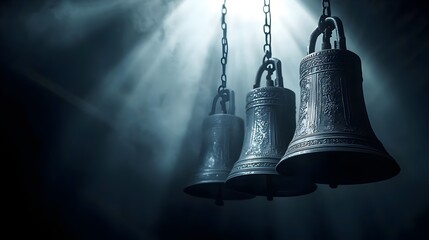 Antique metal bells hanging in dramatic rays of light with detailed engravings and atmospheric mist