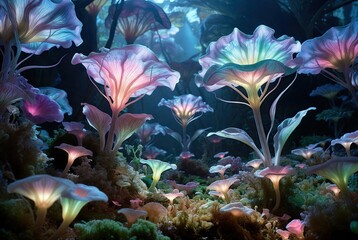 Naklejka premium Bioluminescent alien flora in a mystical forest, glowing neon flowers with translucent petals, magical fantasy garden landscape with ethereal light