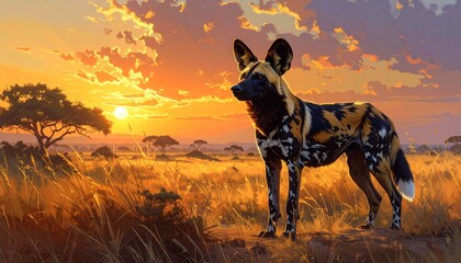 African wild dog standing alert in golden savanna at dramatic sunset
