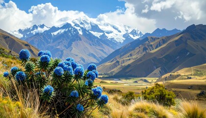 Vibrant blue alpine flowers blooming in majestic snow-capped mountain landscape