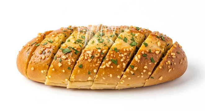 Sliced garlic bread with sesame seeds isolated on white background