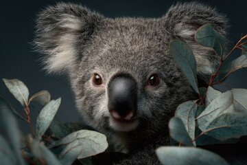 Wild koala conservation portrait showcasing a close-up view of a koala among eucalyptus leaves in natural habitat for awareness of wildlife preservation efforts