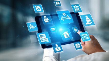 Loan icons represent debt, repayment, and financial planning. Loan supports banking, loan connects...