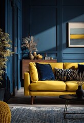 Elegant living room interior with yellow sofa dark blue walls and art
