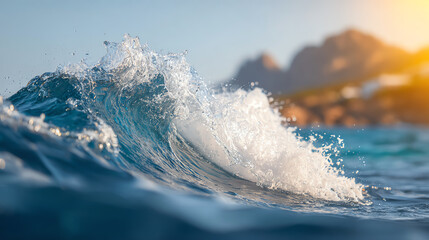 Fototapeta premium A close-up view of ocean waves crashing against the shore, capturing the beauty and motion of nature in soft sunlight.