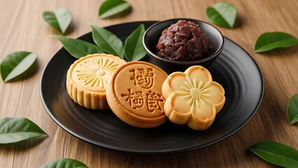 Delicious mooncakes on black plate with green leaves