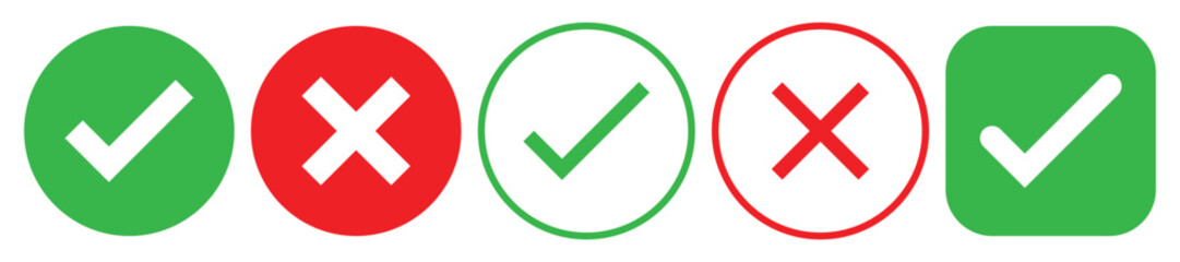 Right and wrong vector icon set rounded color black outline, flat rounded check mark, cross, x mark, circle shape thin line tick mark symbol. Approval and rejection signs isolated on white background © Adobe boss