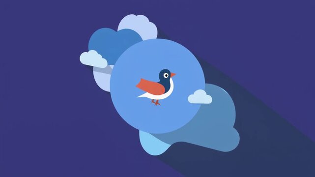 Stylized graphic illustration of a cute bird, possibly a penguin, within a blue circle surrounded by abstract cloud shapes on a dark background.