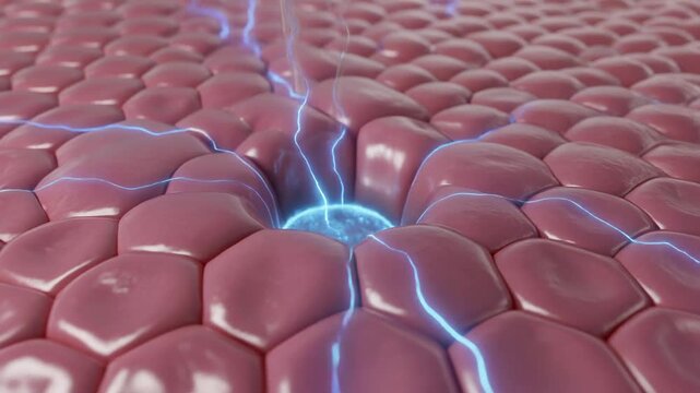 Macro view of skin cells experiencing electrical stimulus and stretch