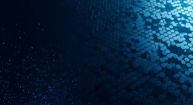 Futuristic blue hexagonal architecture with glowing particles for cybersecurity background - Powered by Adobe