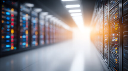 A modern data center corridor with illuminated server racks showcasing advanced technology and infrastructure for data management.