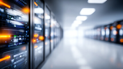 A modern server room featuring rows of advanced data servers illuminated with vibrant LED lights, showcasing digital innovation.