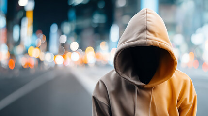 A mysterious figure in a hooded sweatshirt stands against a blurred city backdrop at night, evoking intrigue and solitude.