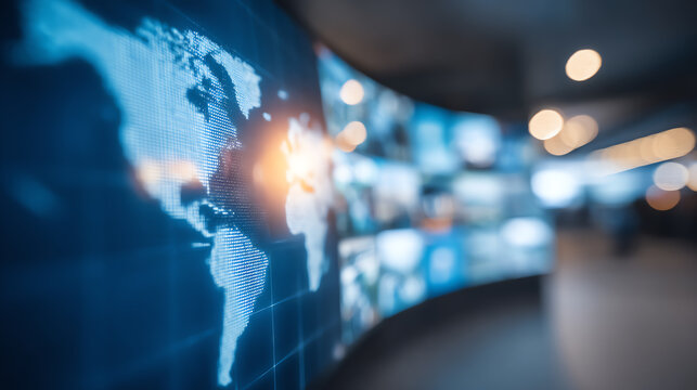 A modern digital world map display highlighting global connectivity and innovation in technology with a futuristic ambiance. - Powered by Adobe