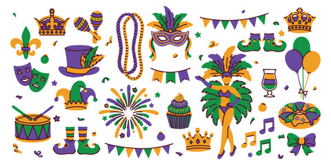 Mardi Gras. Massive collection of holiday items for Fat Tuesday celebration. Big bundle of masquerade masks, parade dancers, beads, crowns and fireworks for festive event design. © Sunflower