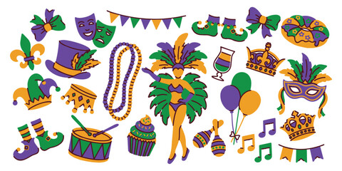 Mardi Gras. Vibrant set of items for carnival party celebration. Collection includes parade dancer, jester hat, beads and crowns in traditional purple, green and gold colors. © Sunflower