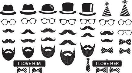 Black and white booth props hats glasses 1 mustaches beards