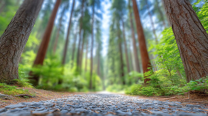 A serene forest pathway lined with towering trees, inviting nature lovers to explore the beauty of the great outdoors.