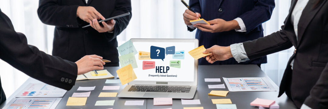 Analyst team use sticky note for creative and analytic brainstorm for business idea with BI data dashboard on laptop screen. Analysis financial data visualization tech for marketing strategy. Prodigy - Powered by Adobe