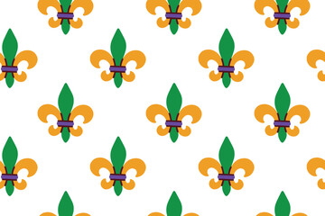 Mardi Gras. Endless background featuring traditional tricolor fleur de lis symbols. Iconic heritage texture for New Orleans style textiles carnival party decor and holiday branding © Sunflower