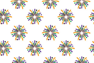 Mardi Gras. Endless background with vibrant tricolor firework explosions and sparkles. Bright holiday texture perfect for carnival night party themes festive posters and dynamic digital decor.
