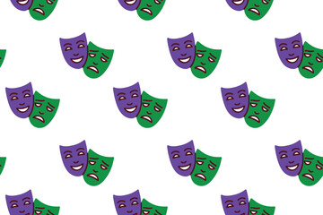 Mardi Gras. Endless theatrical texture featuring happy and sad carnival masks in purple and green. Great for masquerade ball invitations and drama themed holiday decor © Sunflower