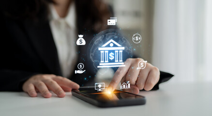 Concept of digital banking and global financial services. A network of secure online transactions, currency exchange, and money management for the international economy. Fermion