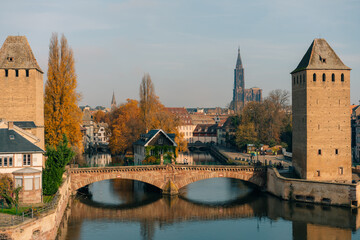 Obraz premium Panoramic view on The Ponts Couverts in Strasbourg with blue cloudy sky. France.