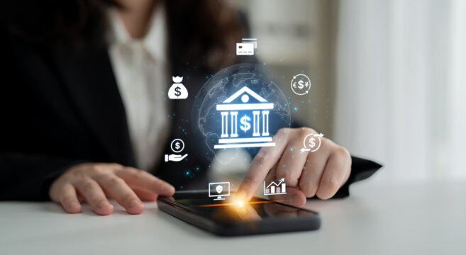 Concept of digital banking and global financial services. A network of secure online transactions, currency exchange, and money management for the international economy. Fermion - Powered by Adobe