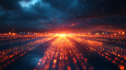 A vibrant and dynamic visualization of glowing data streams converging towards a bright horizon, representing digital connectivity.