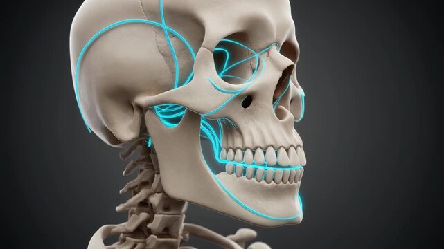 3D Animation of Human Skull with Ethmoid Bone and Nervous System Highlighted