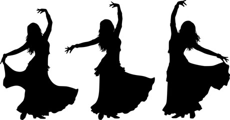 Black belly dancer silhouettes in various poses white background
