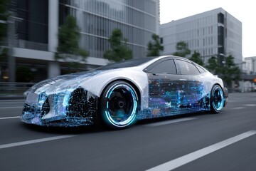 Innovative self-driving car showcases advanced technology on a bustling urban street during the day