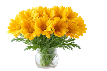 A vibrant bouquet of yellow daisies in a clear glass vase, perfect for adding a splash of color to any space.