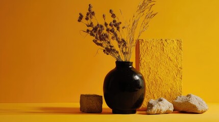 Elegant still life composition featuring a black vase natural elements and yellow backdrop